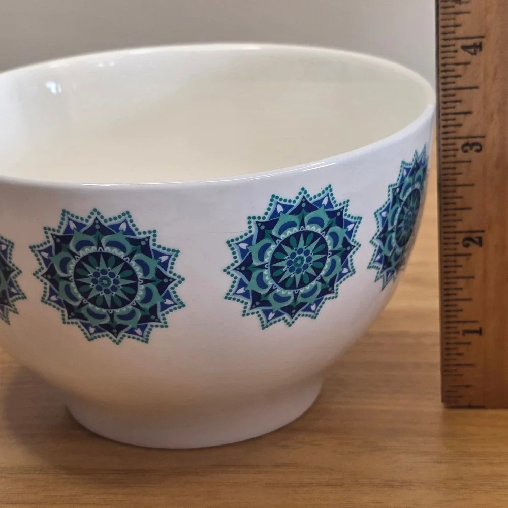 New Royal Norfolk Snowflake Medallion Teal Blue‎ Ceramic Soup Cereal Bowls Qty 4